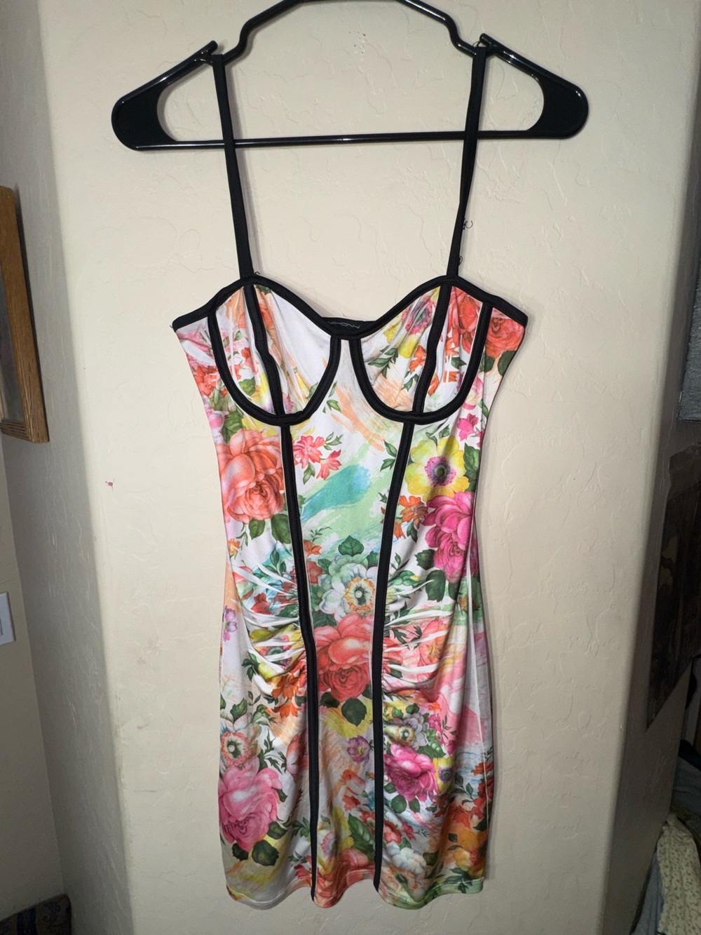 Symphony Floral Bustier Bodycon Mini Dress Corset Style Black Trim Size M